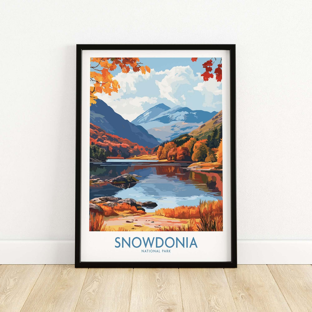 Snowdonia National Park travel print featuring vibrant autumn landscapes and serene lake reflections. Perfect home decor for nature lovers.