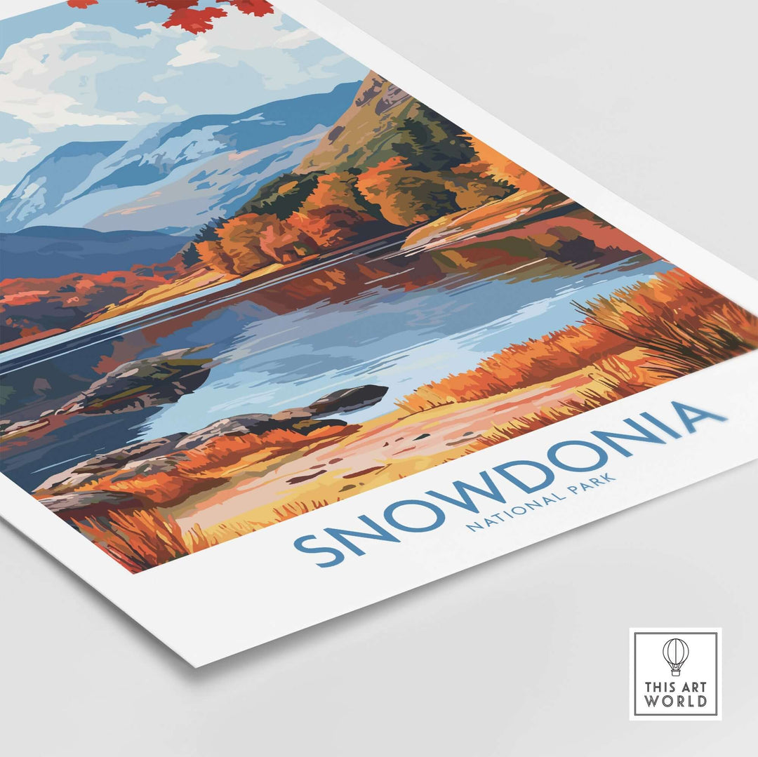 Snowdonia National Park travel print featuring vibrant mountains, lakes, and autumnal colors, perfect for nature lovers.