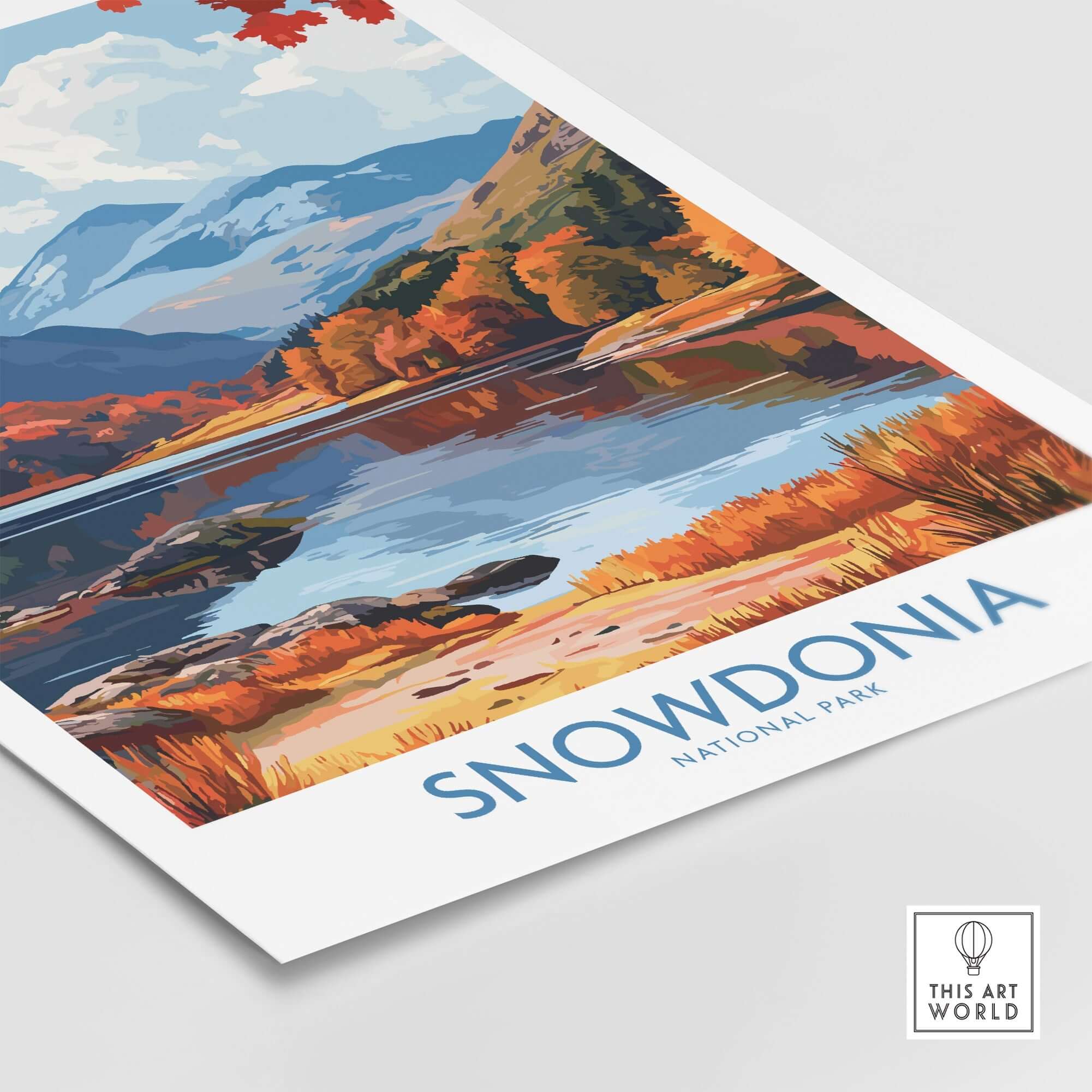 Snowdonia National Park Wales Travel Print showcasing vibrant mountains and serene lakes in Autumn colors.
