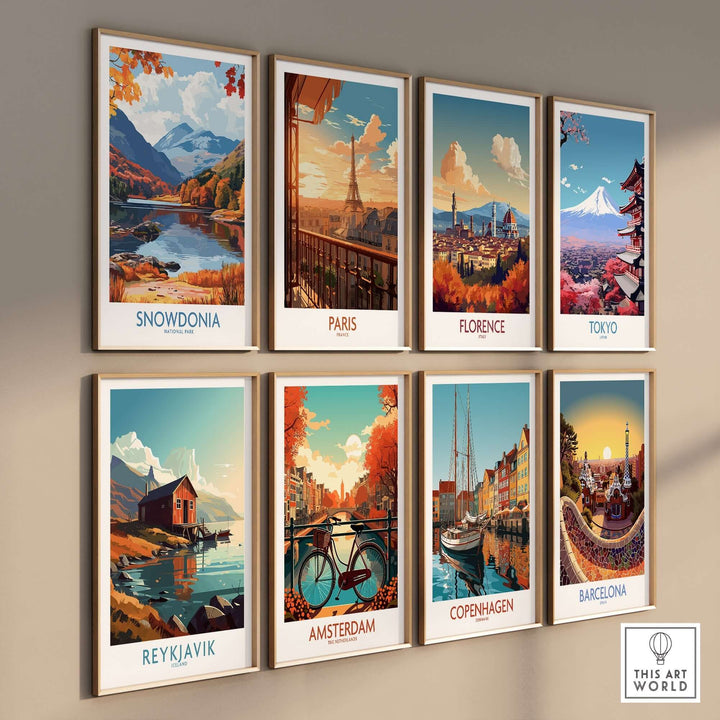 Colorful travel prints of iconic cities including Snowdonia, Paris, Florence, Tokyo, Reykjavik, Amsterdam, Copenhagen, and Barcelona.