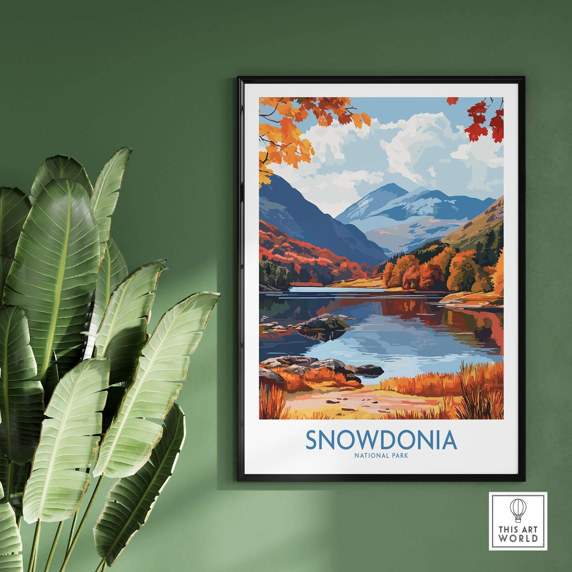 Beautiful Snowdonia National Park Wales Travel Print showcasing autumn scenery and reflection in the lake.