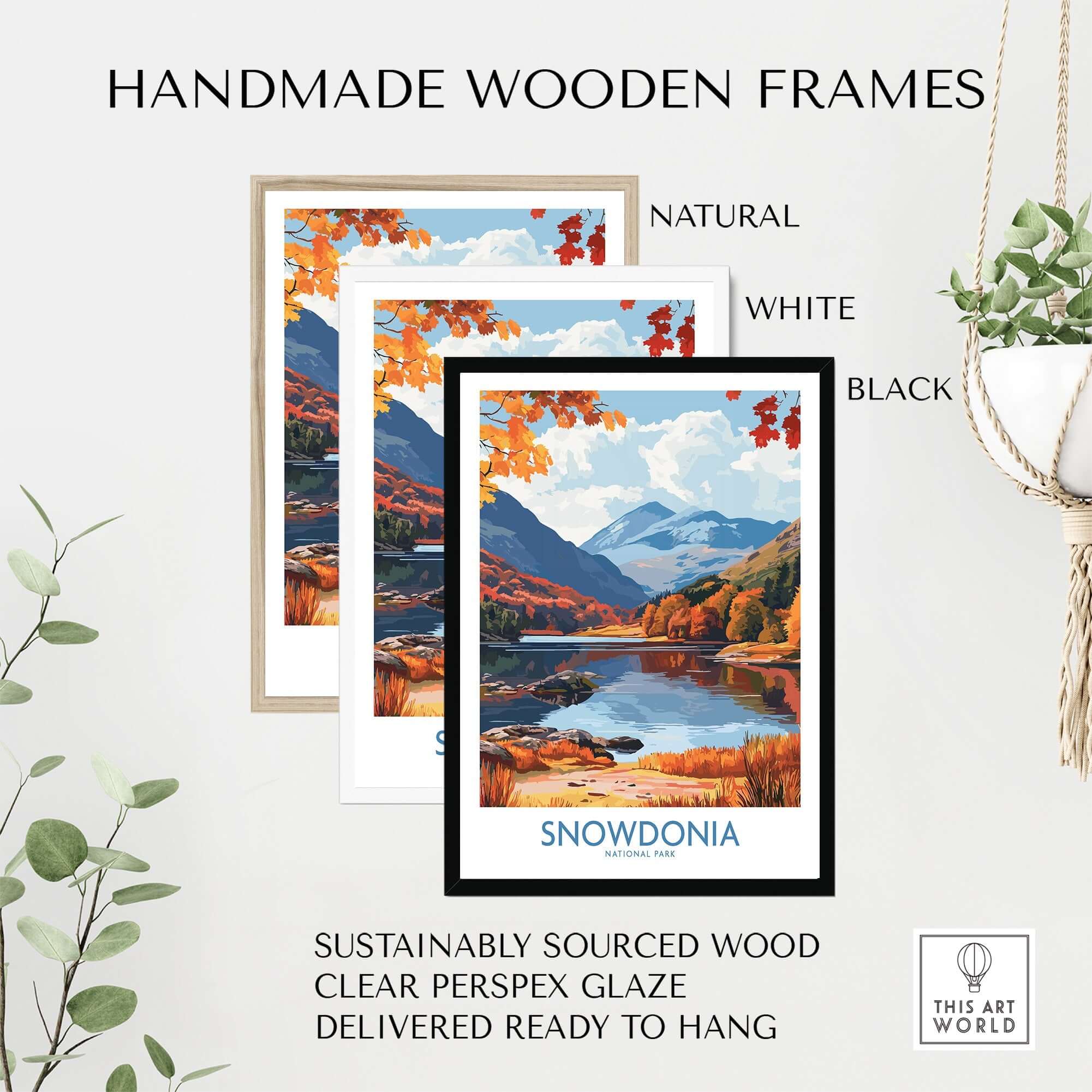Handmade wooden frames for Snowdonia National Park Wales Travel Print in natural, white, and black finishes.