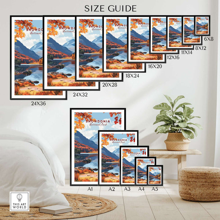 Snowdonia National Park wall art size guide showcasing various frame sizes and a beautiful landscape design.