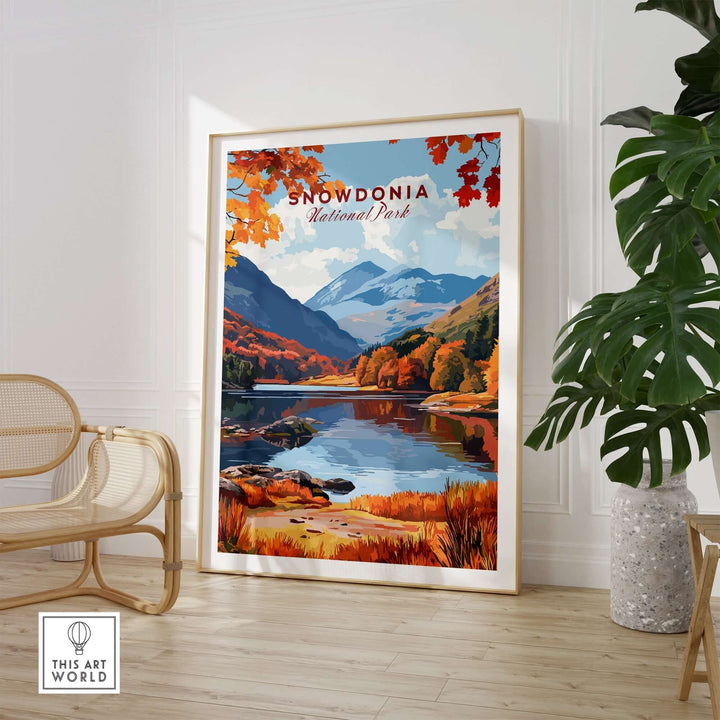 Stunning wall art of Snowdonia National Park in vibrant fall colors, showcasing mountains and lake, perfect for home decor.