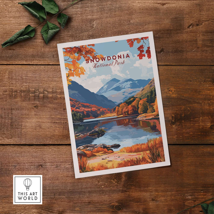 Snowdonia National Park wall art featuring vibrant autumn landscape with mountains and lake, perfect for home decor.