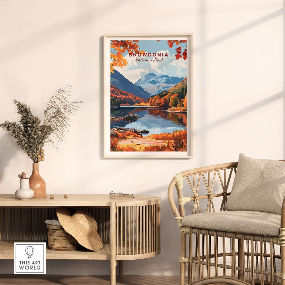 Snowdonia National Park wall art showcasing majestic peaks and vibrant autumn colors in a stylish home setting.