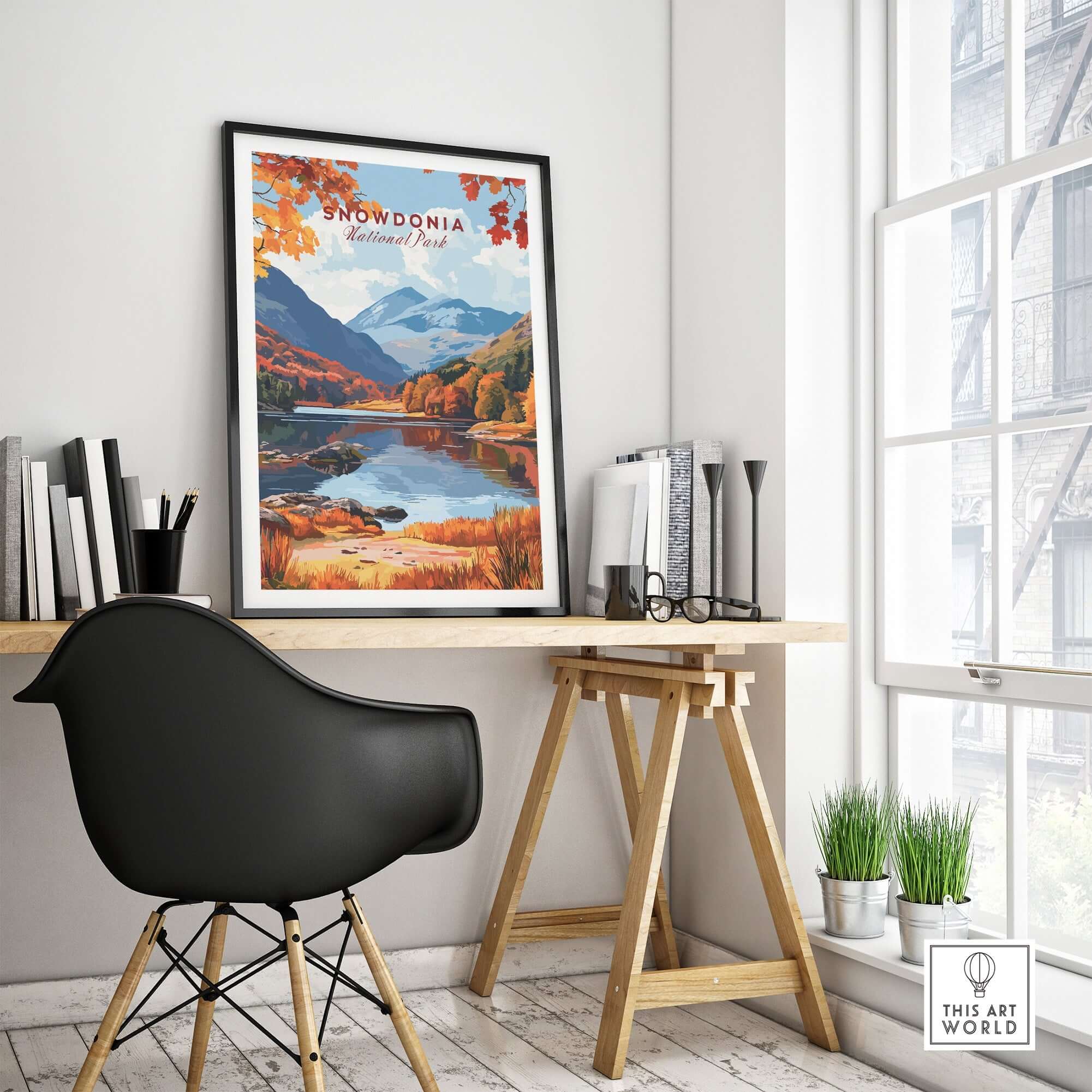 Snowdonia National Park Wales Wall Art displayed in a stylish home office setting with a sleek black chair.