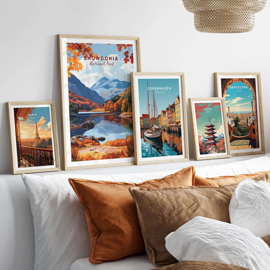 Snowdonia National Park wall art displayed with other city-themed prints on a stylish home decor setting.