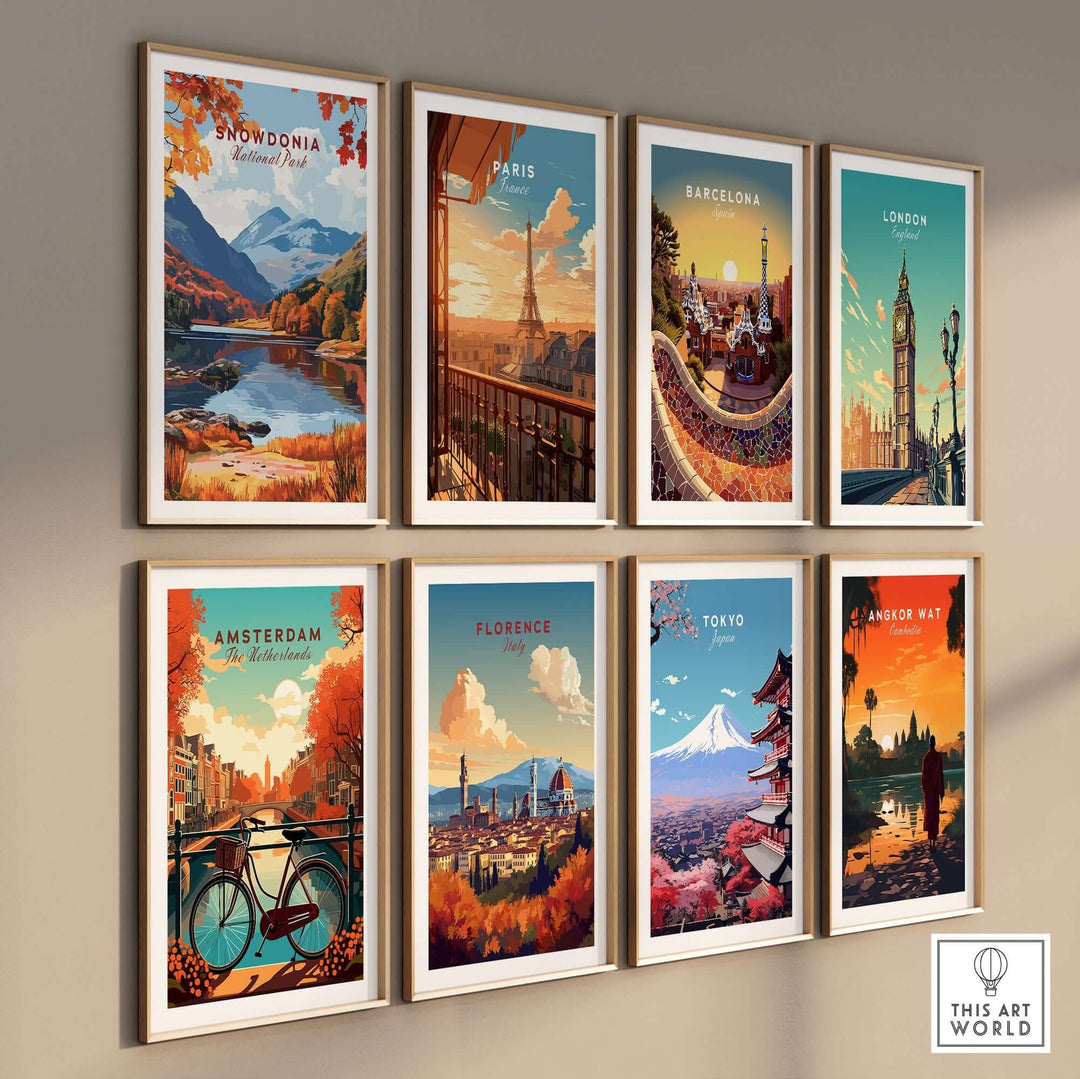 Colorful wall art featuring iconic cities: Snowdonia, Paris, Barcelona, London, Amsterdam, Florence, Tokyo, and Angkor Wat.