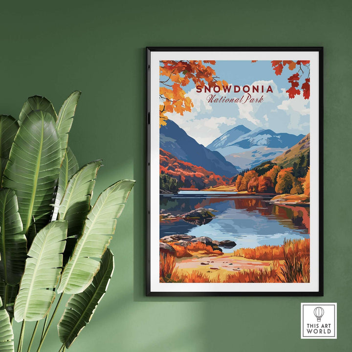 Snowdonia National Park wall art featuring vibrant autumn colors, mountains, and a serene lake in a stylish framed display.