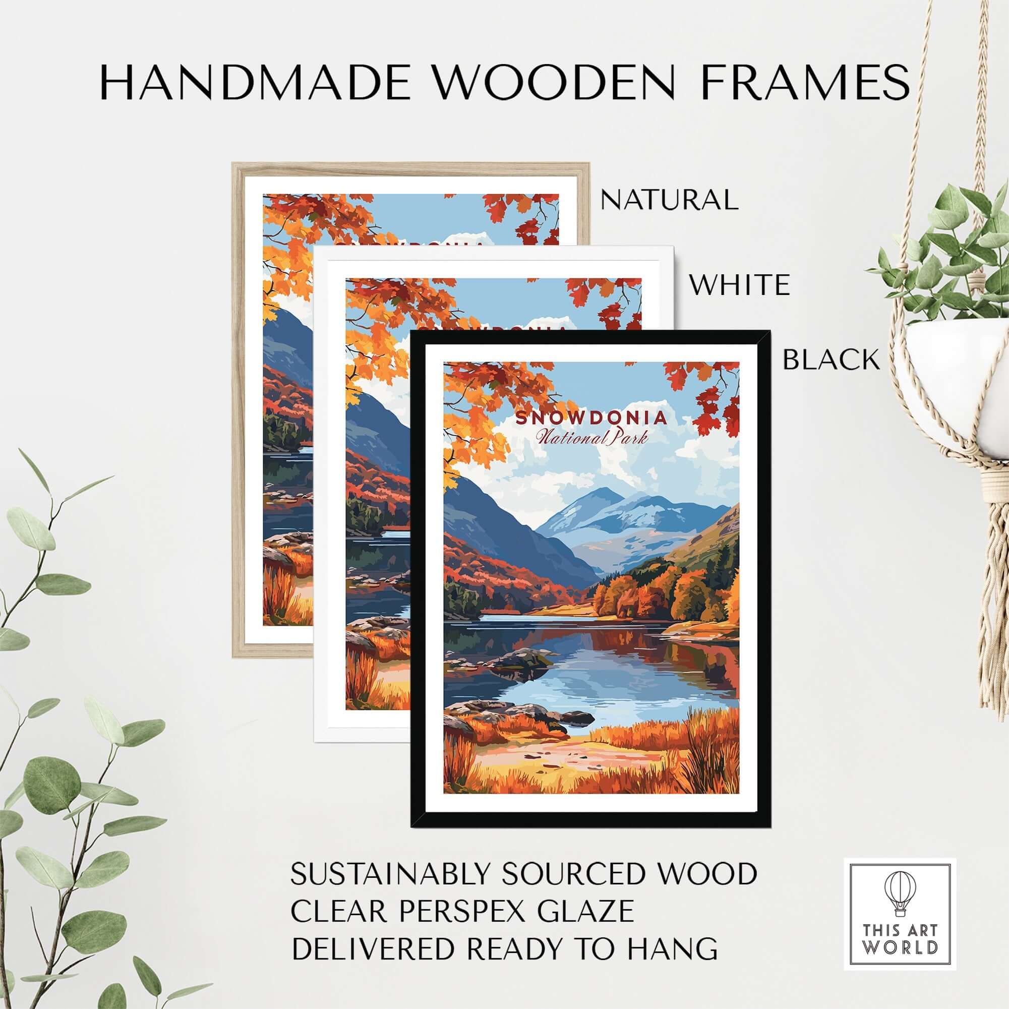 Snowdonia National Park Wales Wall Art displayed in handmade wooden frames in natural, white, and black finishes.