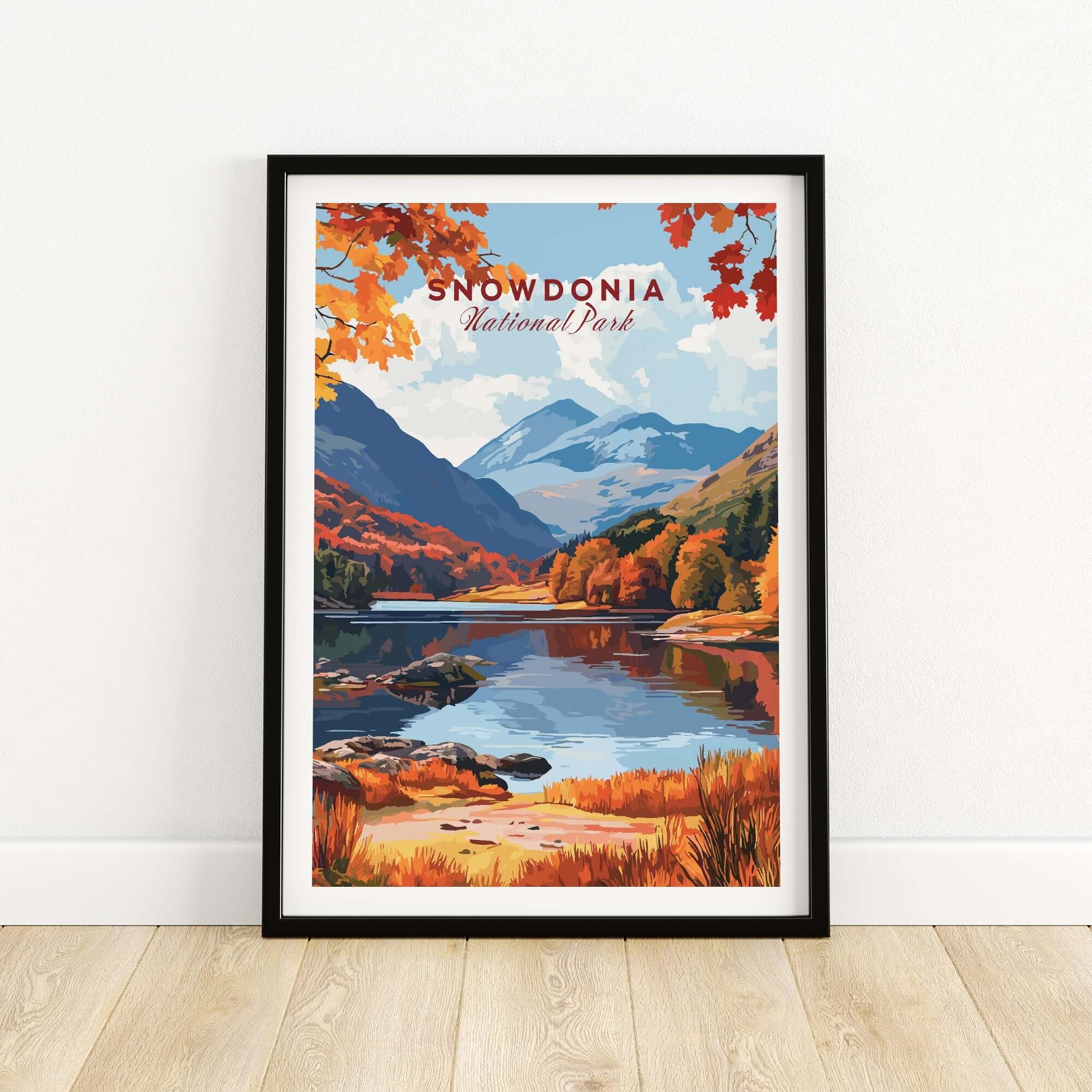 Snowdonia National Park Wales Wall Art beautifully depicting autumn foliage and mountain scenery.
