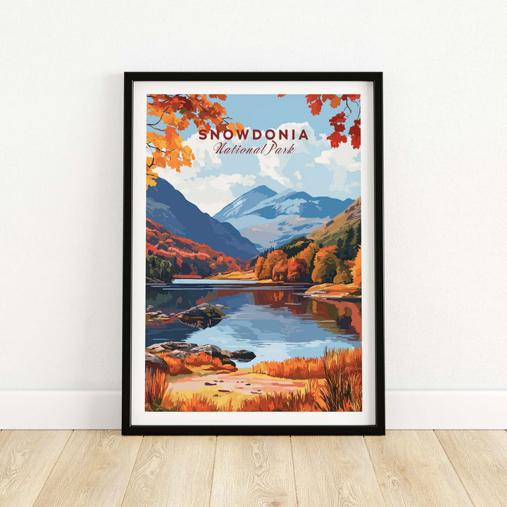 Snowdonia National Park wall art featuring vibrant autumn colors and majestic mountains reflecting in a serene lake.