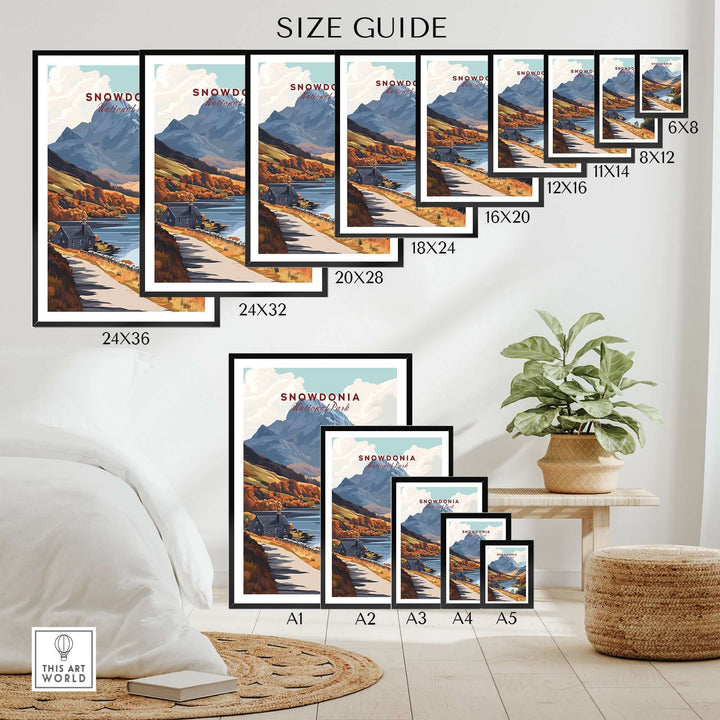 Size guide for Snowdonia National Park wall art showcasing various frame sizes in a cozy home setting.