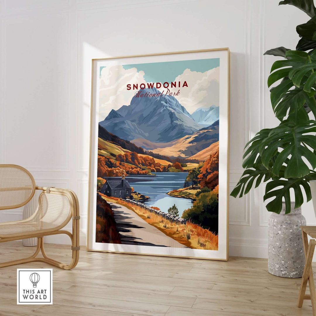 Snowdonia National Park wall art featuring vibrant landscapes and mountains in a cozy home setting.