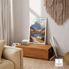 Snowdonia National Park Wall Art showcasing vibrant landscapes and majestic mountains in a cozy home setting.