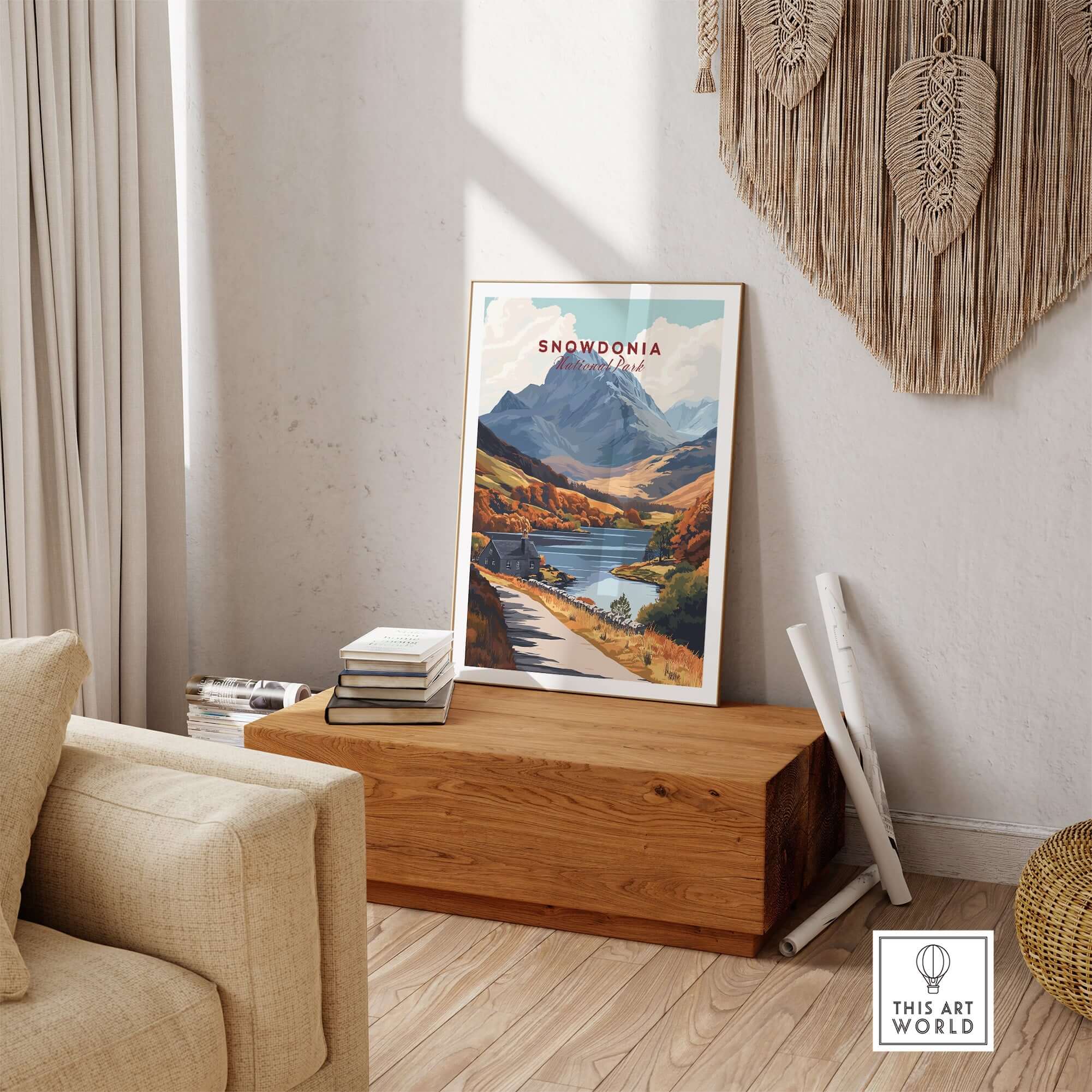 Snowdonia National Park Wall Art showcasing vibrant landscapes and majestic mountains in a cozy home setting.
