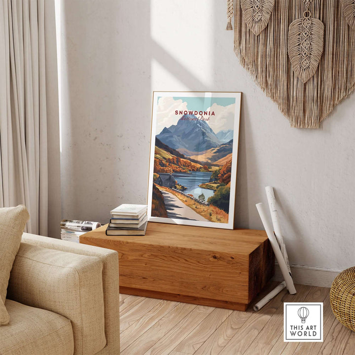 Snowdonia National Park wall art displayed in a modern living room, showcasing vibrant landscapes and natural beauty.