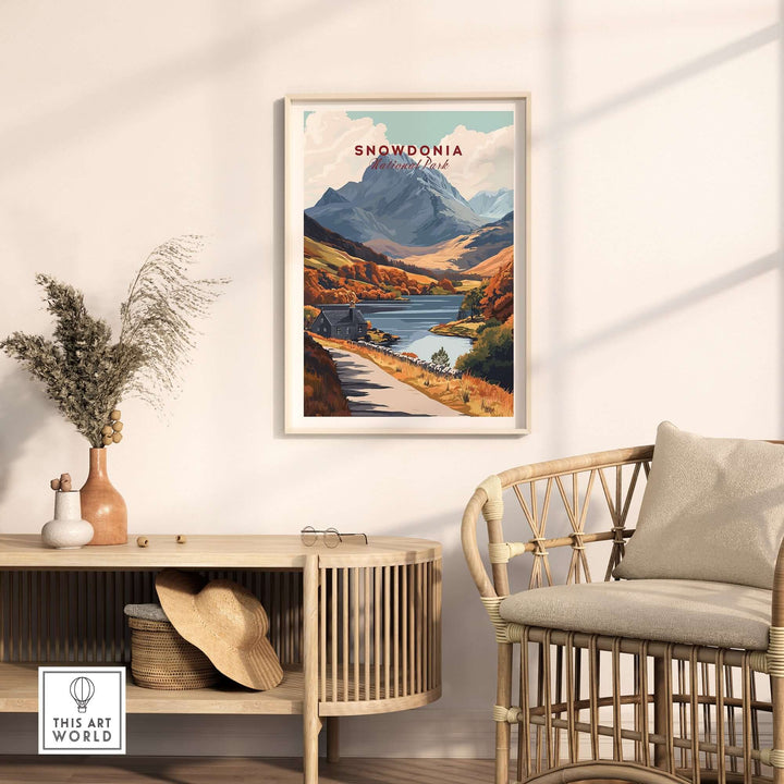 Snowdonia National Park wall art in a cozy living room setting with natural decor and soft lighting.