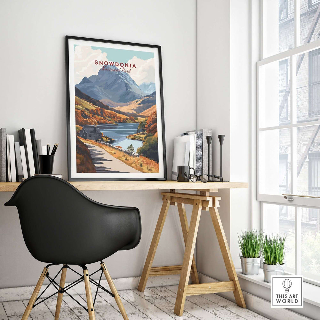 Snowdonia National Park wall art displayed in a modern workspace, showcasing stunning landscapes and vibrant colors.