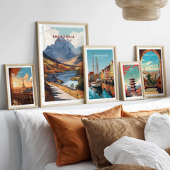Snowdonia National Park Wall Art displayed among other travel-themed wall art in a cozy home setting.
