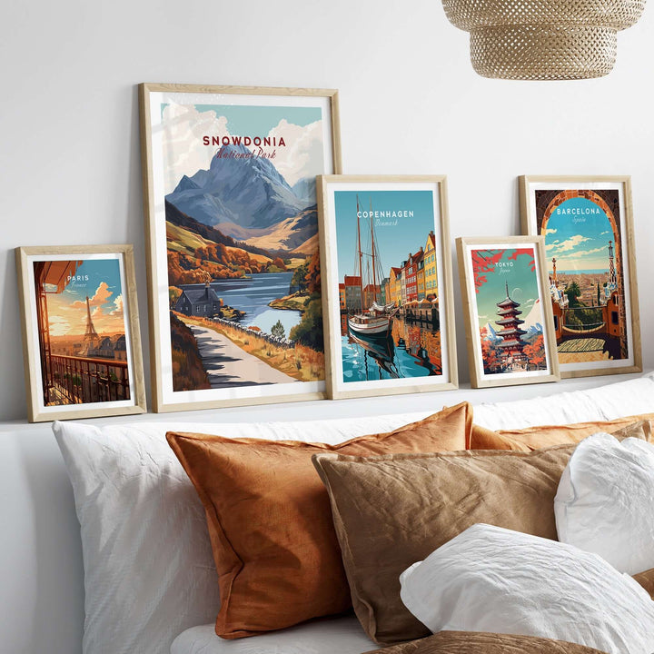 Snowdonia National Park wall art displayed in stylish frames on a shelf with cozy pillows and decor.