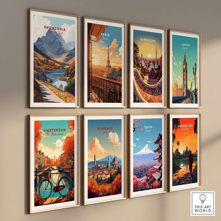 Colorful wall art display featuring iconic cities like Snowdonia, Paris, and Tokyo in stylish frames.