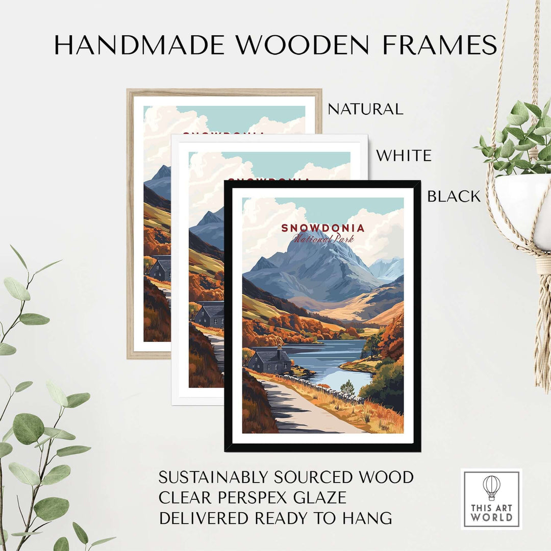 Handmade wooden frames in natural, white, and black showcasing Snowdonia wall art, ready to hang.