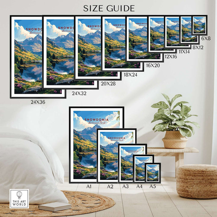 Size guide for Snowdonia National Park wall art poster in various frame sizes displayed in a stylish interior setting.