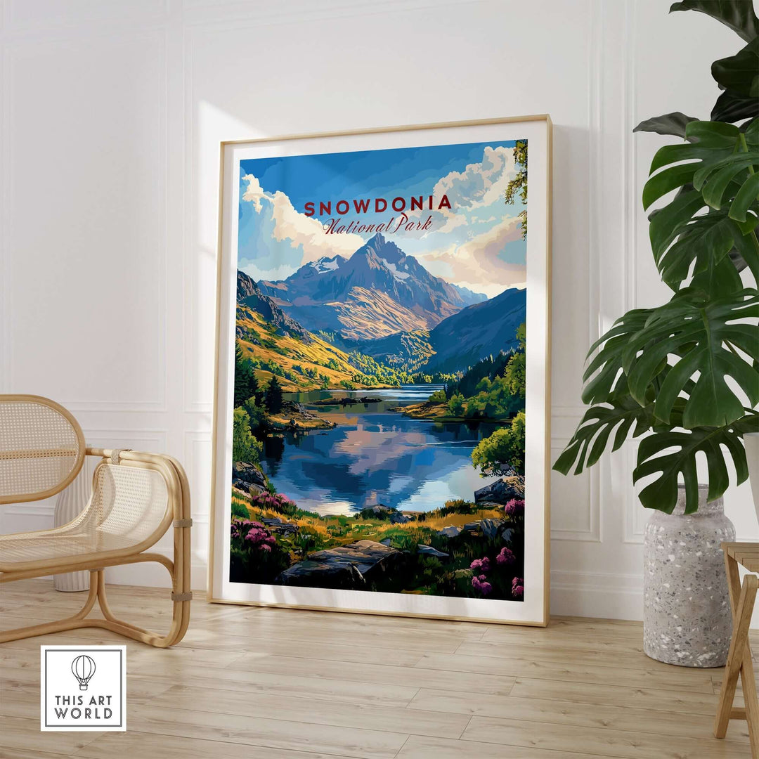 Snowdonia National Park wall art poster in a stylish interior setting, showcasing scenic mountains and lakeside views.