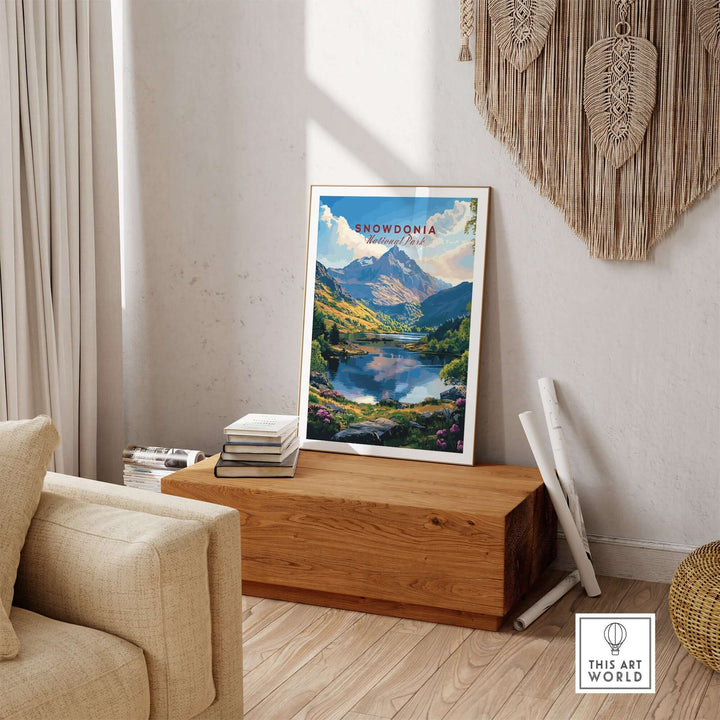 Snowdonia National Park wall art poster displayed in a cozy living room setting, adding nature-inspired decor.