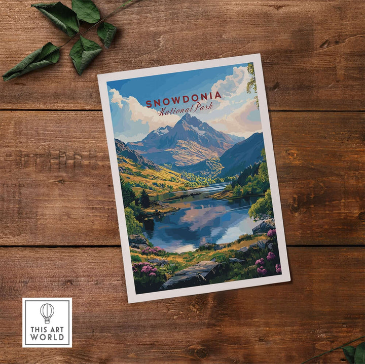 Snowdonia National Park wall art poster featuring a stunning landscape with mountains and a tranquil lake. Perfect for nature lovers.