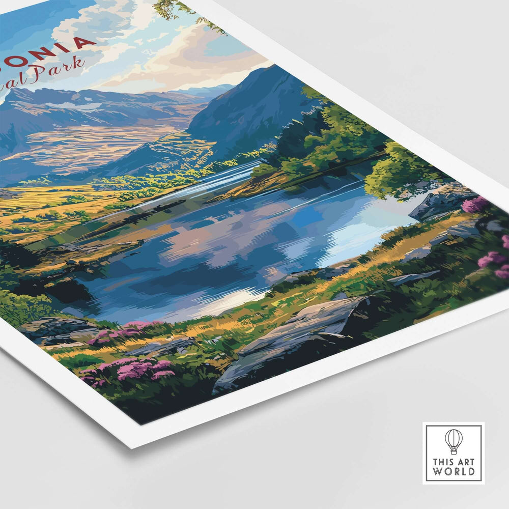 Snowdonia National Park wall art poster showcasing stunning landscape, mountains, and reflecting lake scenery.