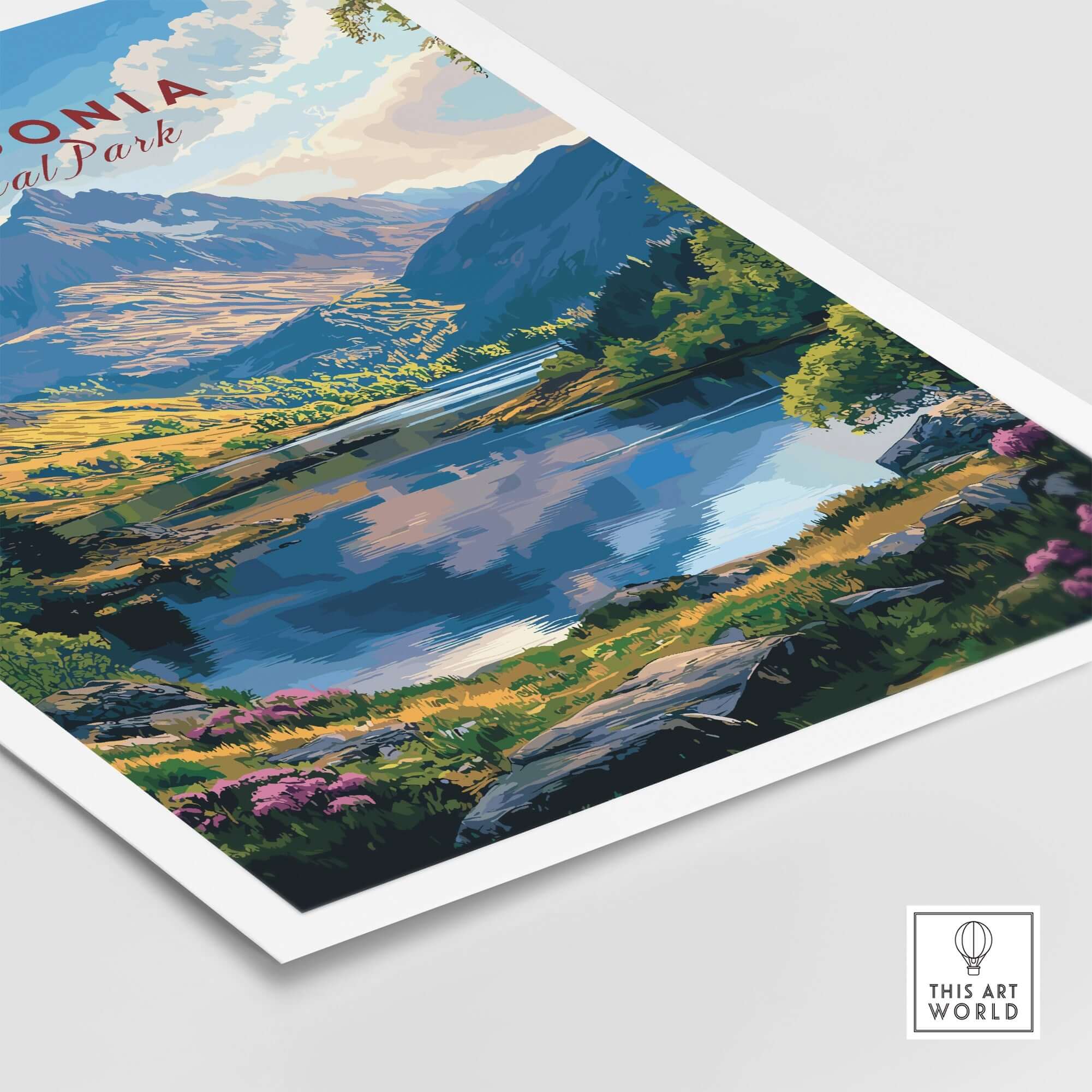 Snowdonia National Park Wall Art Poster showcasing a scenic landscape with mountains and a reflective lake.