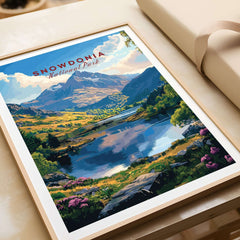 Snowdonia National Park Wall Art Poster featuring a scenic landscape of mountains and a lake.