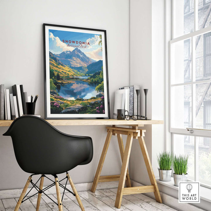 Snowdonia National Park wall art poster displayed in a stylish home office with a modern desk and chair.