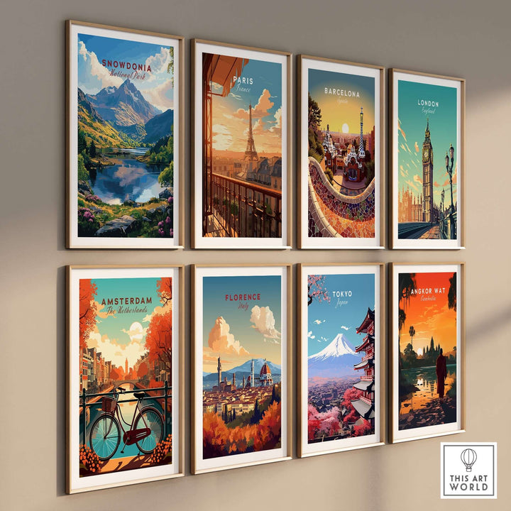 Colorful wall art poster collection featuring iconic destinations like Snowdonia, Paris, and Tokyo in stylish frames.