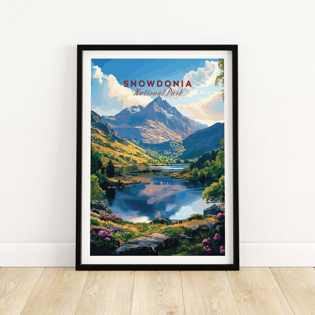 Snowdonia National Park wall art poster featuring a vibrant landscape of mountains and a serene lake in a stylish frame.