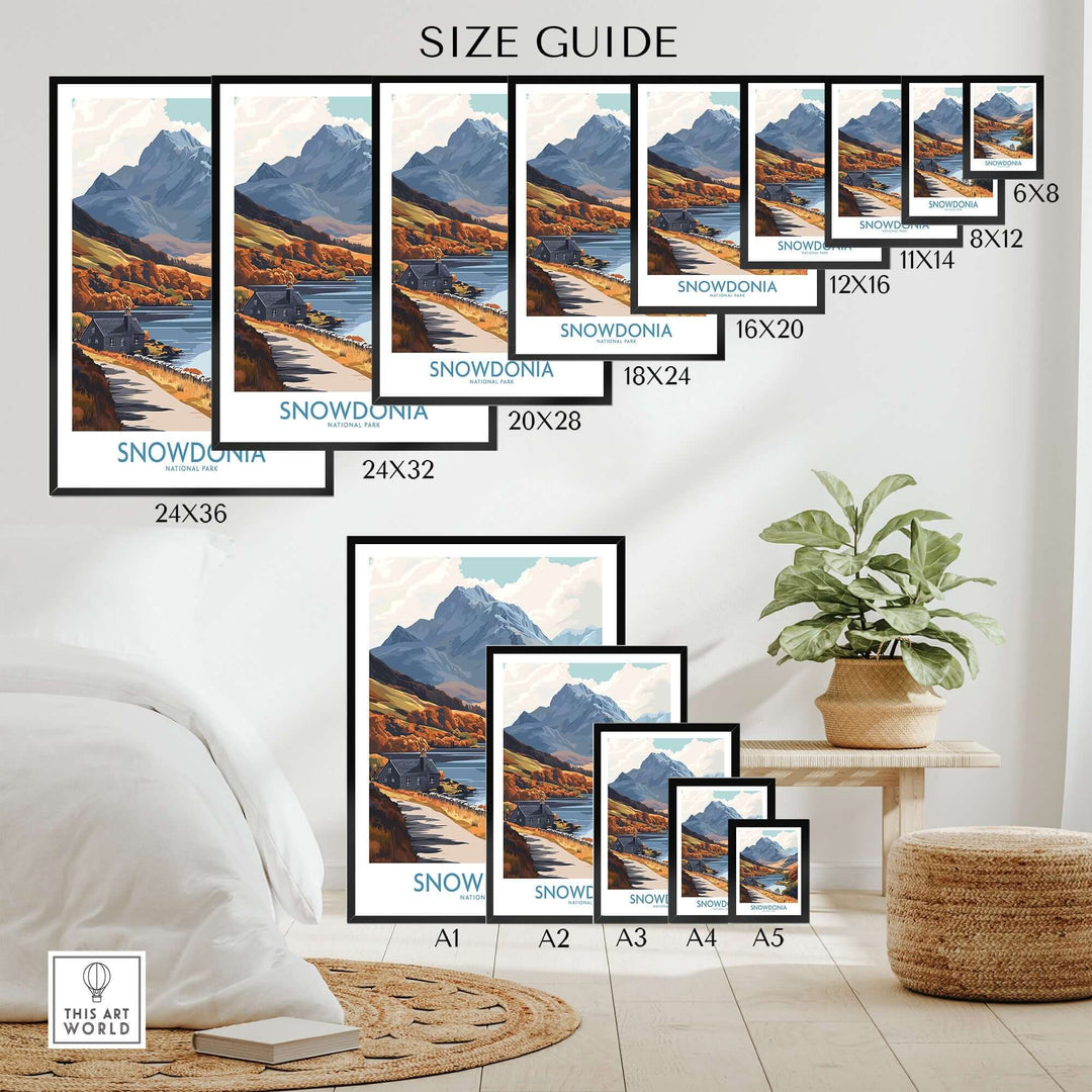 Size guide for Snowdonia National Park wall art prints in various dimensions displayed in a cozy interior setting.