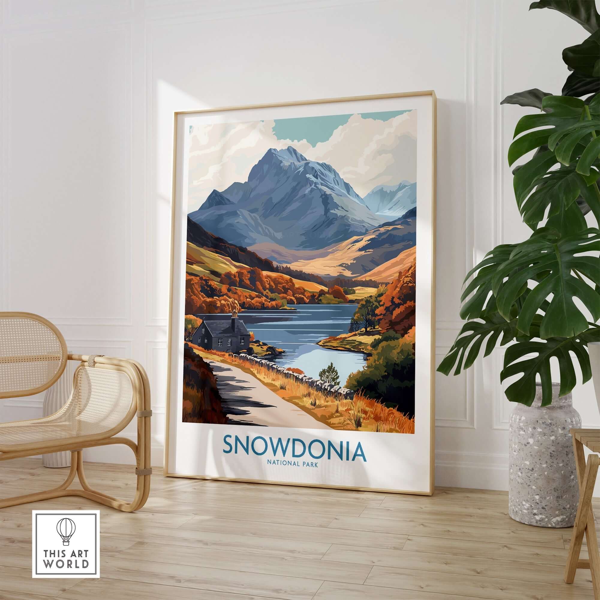 Snowdonia National Park Wall Art Print featuring stunning landscapes and vibrant colors in a stylish interior setting.