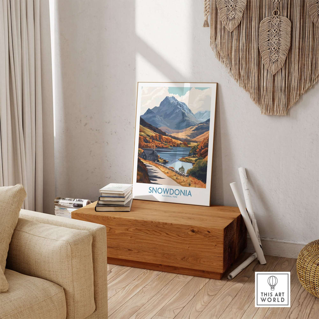 Snowdonia National Park wall art print displayed in a cozy living room setting with natural decor.