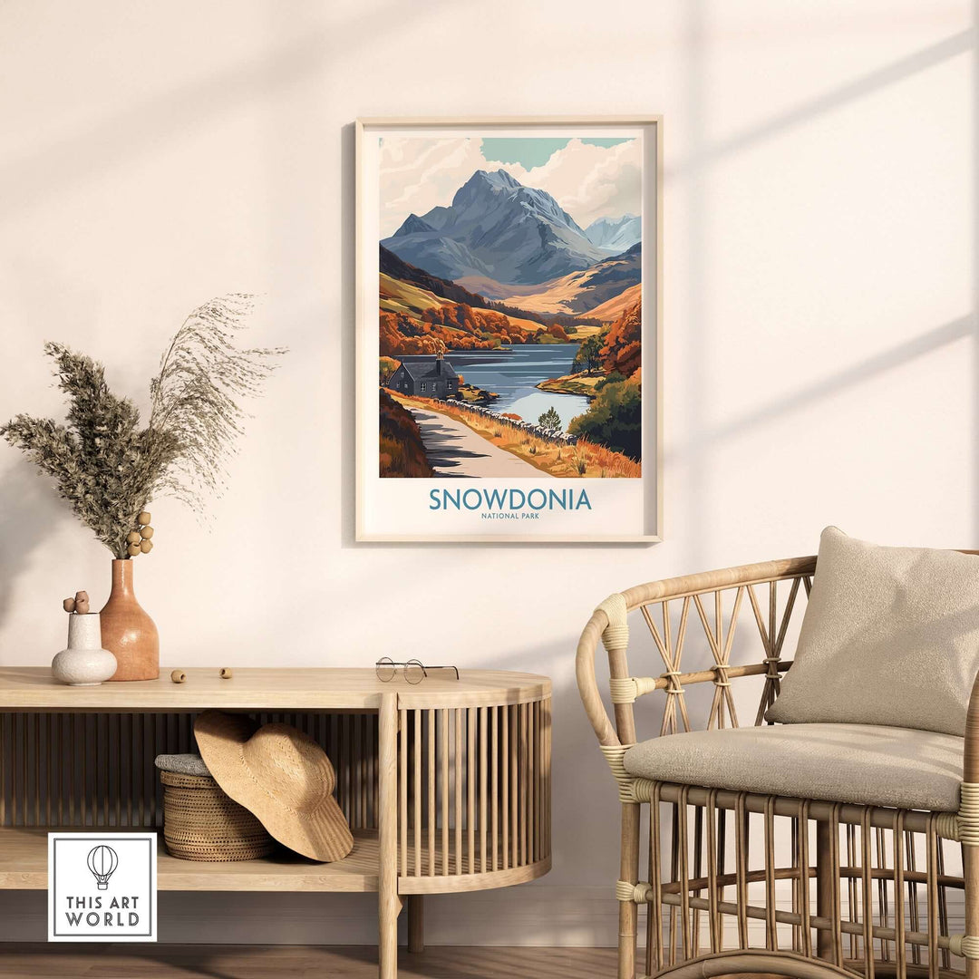 Snowdonia National Park wall art print displayed in a modern living room with natural decor elements.