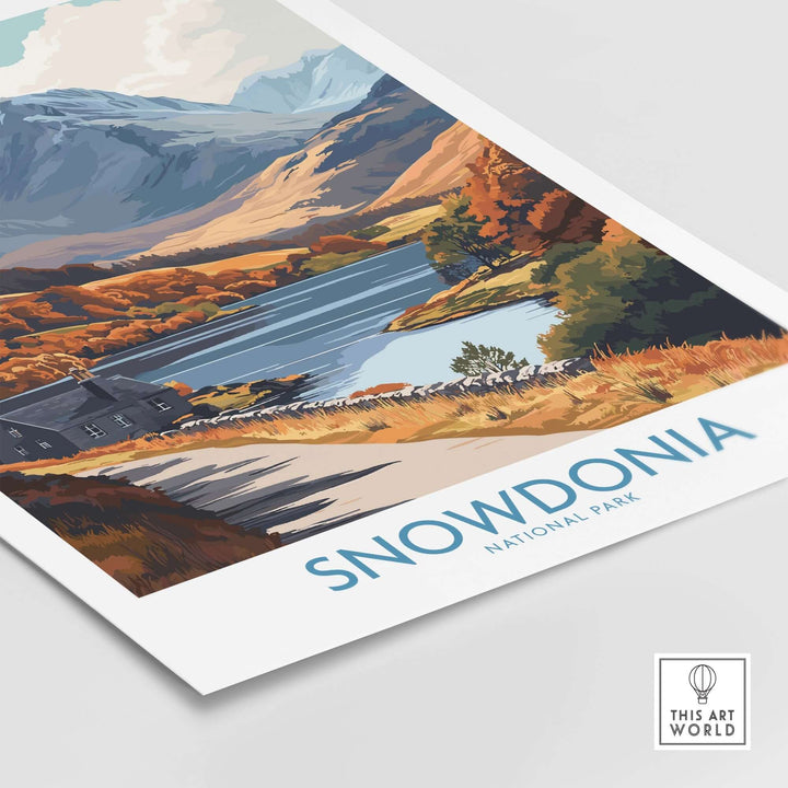 Snowdonia National Park wall art print featuring vibrant landscapes and serene lake views, perfect for nature enthusiasts.