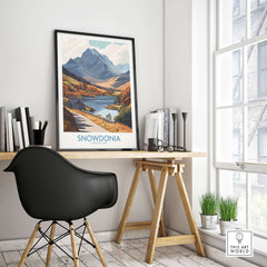 Snowdonia National Park Wall Art Print displayed in a modern interior setting, showcasing stunning landscapes.