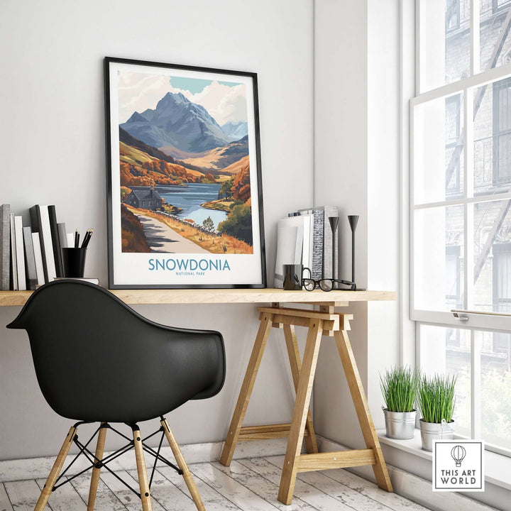 Snowdonia National Park wall art print displayed in a modern workspace, showcasing stunning landscape and nature elements.