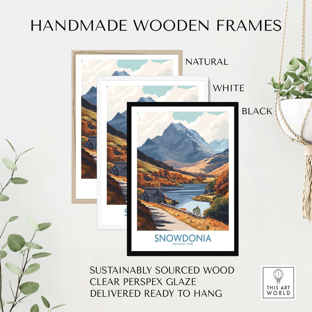 Handmade wooden frames for Snowdonia wall art print in natural, white, and black finishes, showcasing sustainable design.