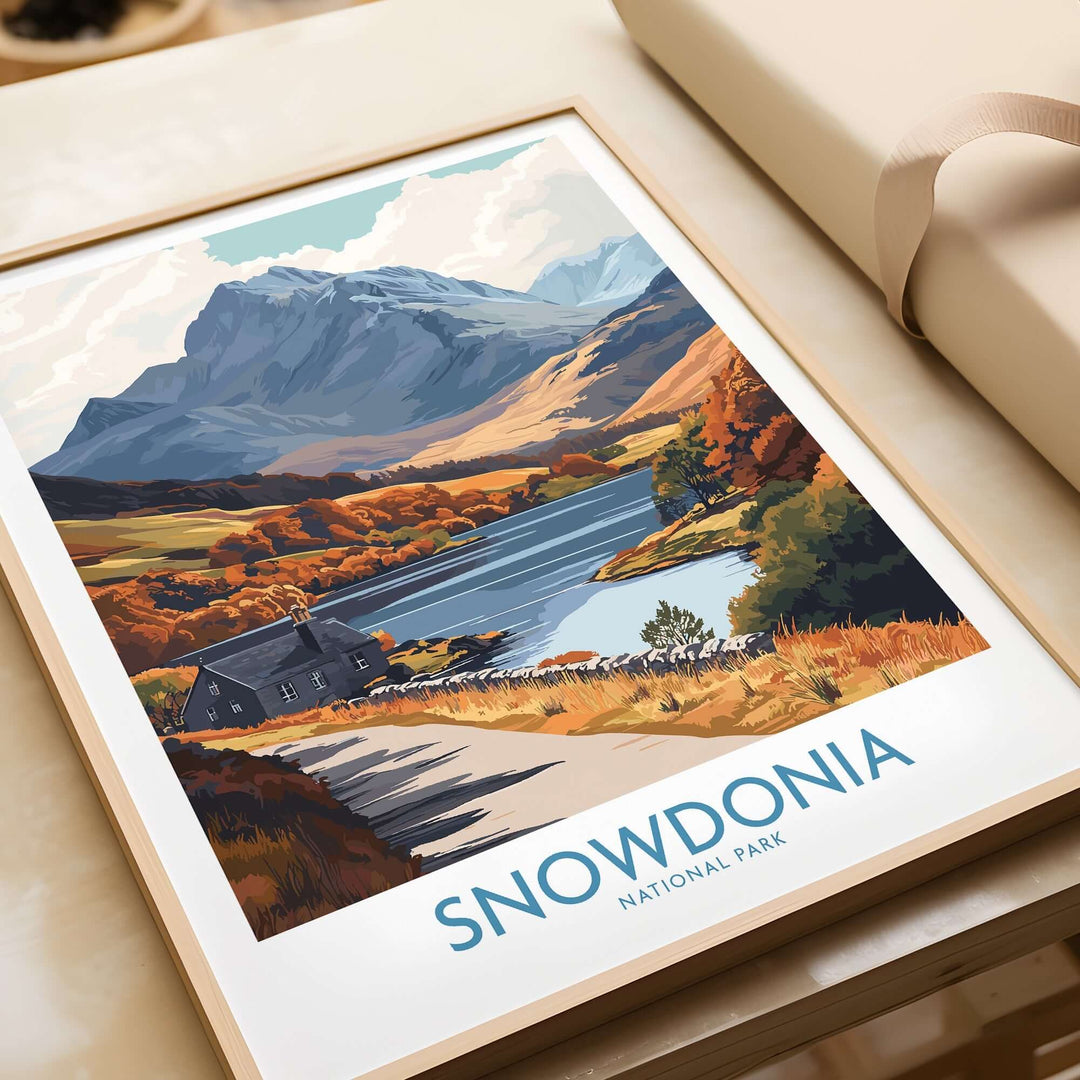 Snowdonia National Park wall art print featuring a scenic landscape with mountains, lake, and autumn foliage.