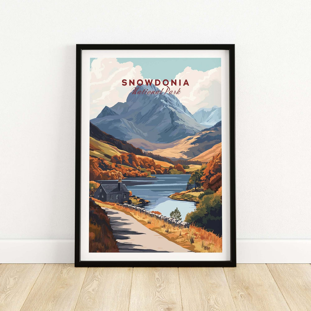 Snowdonia National Park wall art featuring vibrant landscapes, mountains, and a serene lake in a framed print.