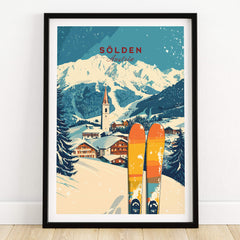 Sölden Ski Print Austria featuring colorful skis in a winter landscape of Sölden, Austria.
