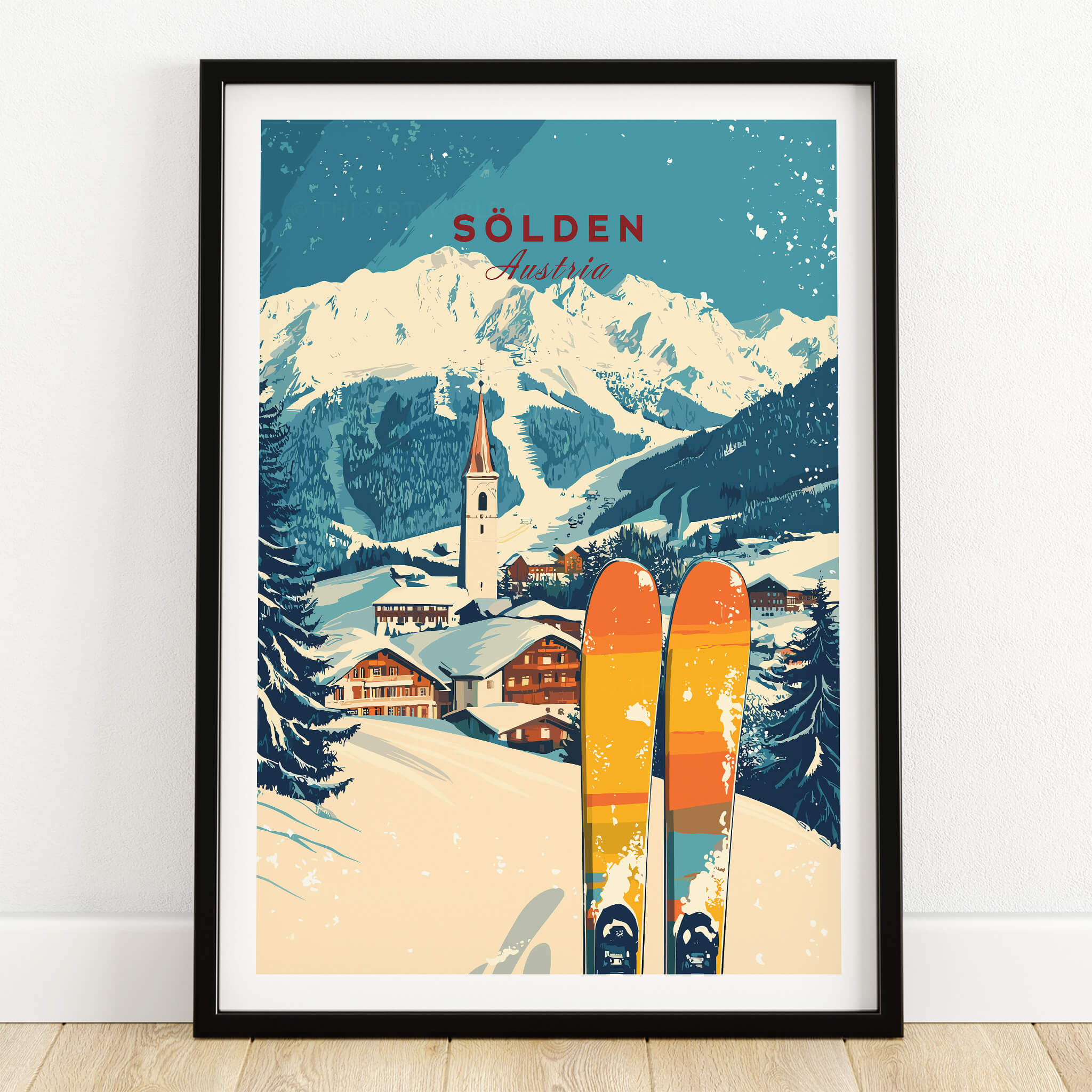 Sölden Ski Print Austria featuring colorful skis in a winter landscape of Sölden, Austria.